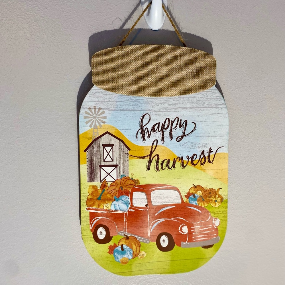 NWT Autumn Fall Mason Jar Happy Harvest Red Truck Pumpkin Farm Wall Door Sign